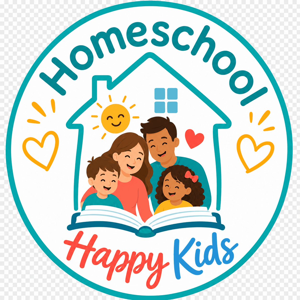 Homeschool Happy Kids logo featuring a smiling family reading together